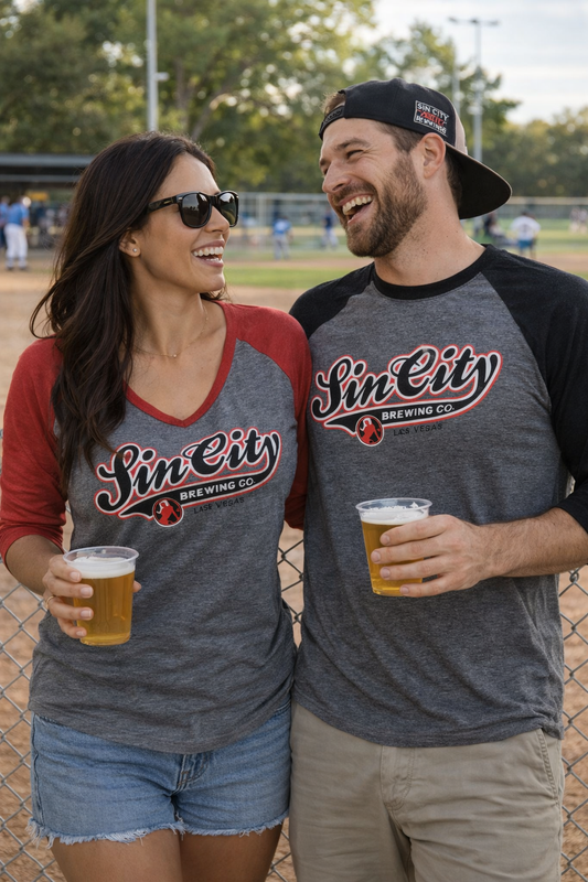 Sin City Brewing Co. Las Vegas Baseball Raglan T-Shirt | Soft 3/4 Sleeve Graphic Tee | Ringed Collar | Las Vegas Brewery Souvenir | Black, Red or Grey