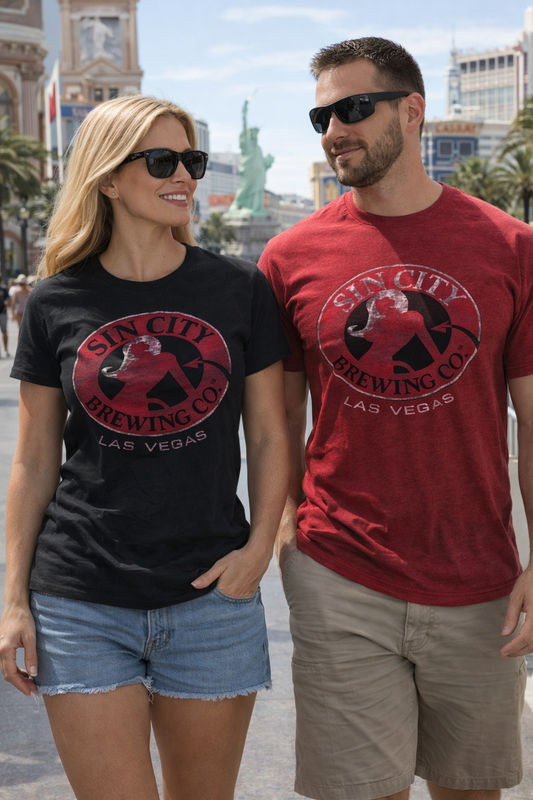 Sin City Brewing Co. Las Vegas Washed Logo T-Shirt | Soft Vintage Graphic Tee | Official Las Vegas Brewery Souvenir Shirt | Black, Heather, Stone, Grey, Tan